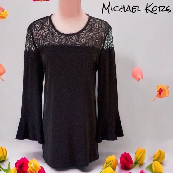 MICHAEL KORS BLACK TOP BLOUSE LACE DETAIL RUFFLE SLEEVES LARGE - Picture 1 of 4